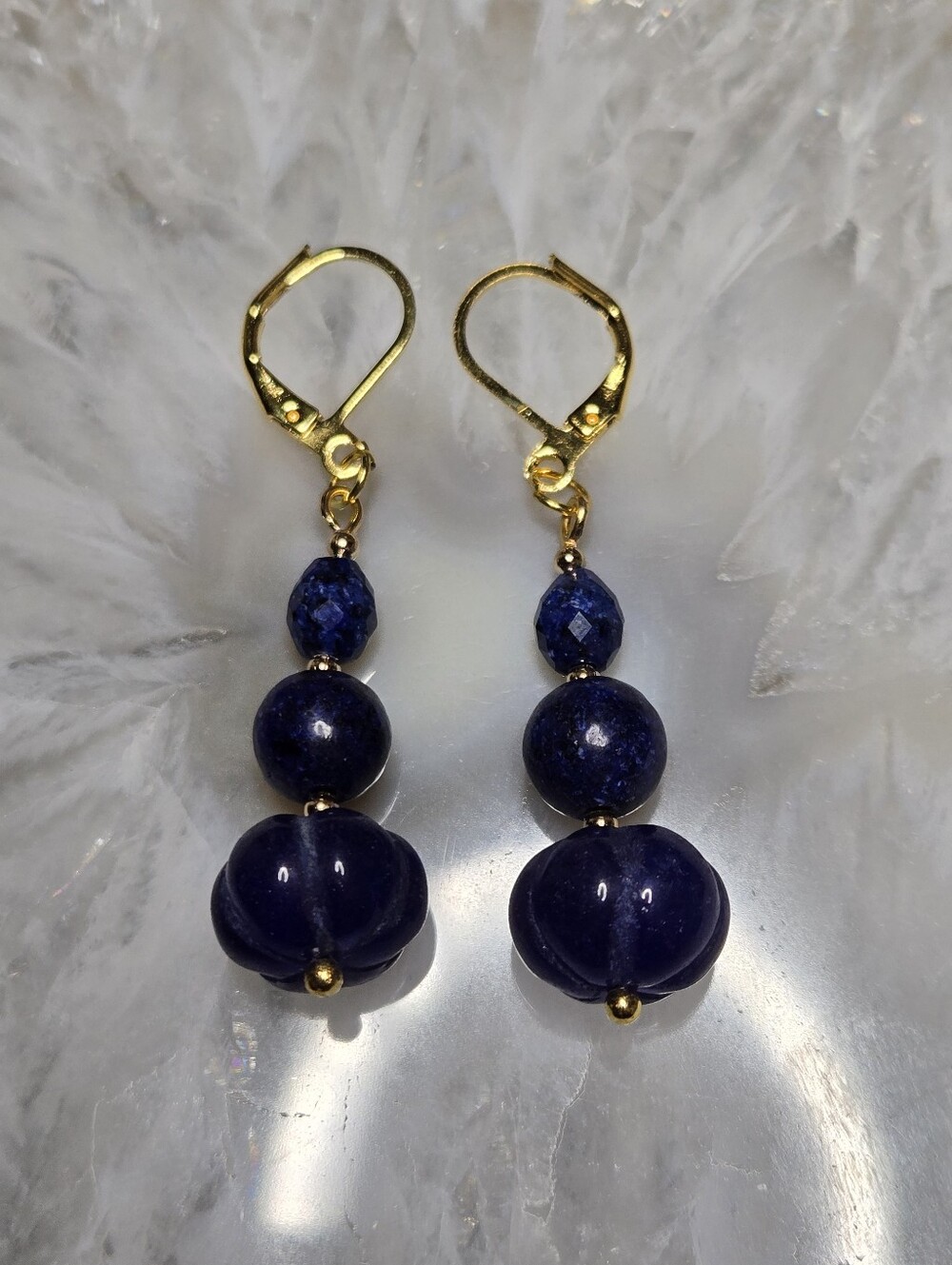 Carved Sapphire, Dumortierite And Lapis Lazuli Earrings